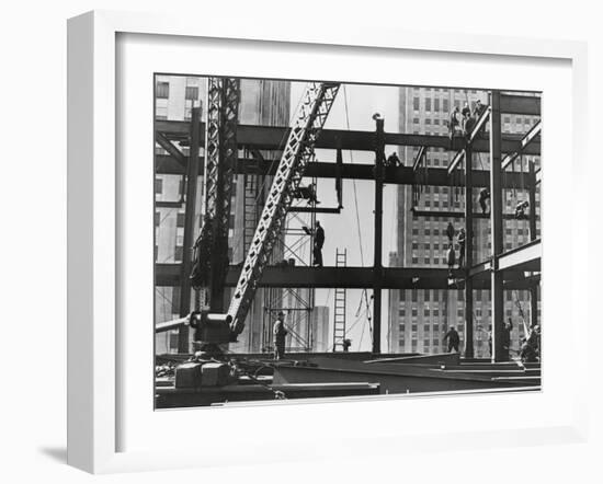 Iron Workers Raise Steel at 32nd Floor of the Esso Building in New York City, 1954-null-Framed Photo