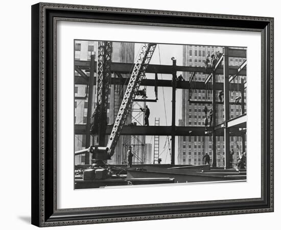 Iron Workers Raise Steel at 32nd Floor of the Esso Building in New York City, 1954-null-Framed Photo