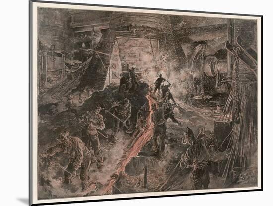 Ironworks at Birmingham, Tapping a Furnace and Running the Molten Metal into Pigs-Henri Lanos-Mounted Art Print