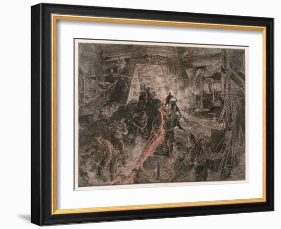 Ironworks at Birmingham, Tapping a Furnace and Running the Molten Metal into Pigs-Henri Lanos-Framed Art Print