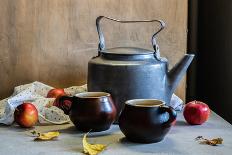 Autumn Rustic Still Life with Hot Tea, Dry Leaves and Apples in Vintage Style. Country Style Backgr-Iryna Pohrebna-Photographic Print