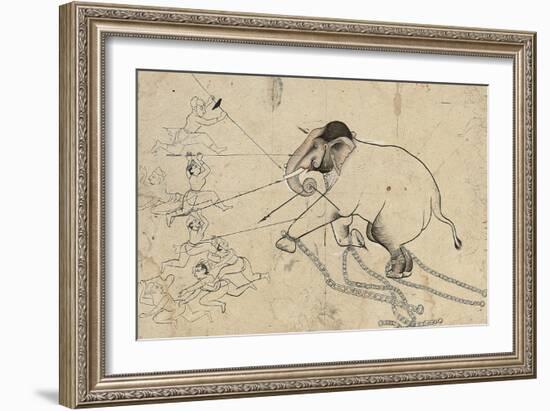 Isarda or Kotah Preparatory Drawing of the Taming of an Elephant, C.1720-null-Framed Giclee Print