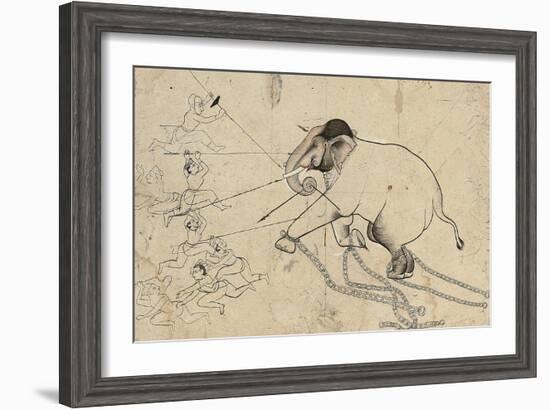 Isarda or Kotah Preparatory Drawing of the Taming of an Elephant, C.1720-null-Framed Giclee Print