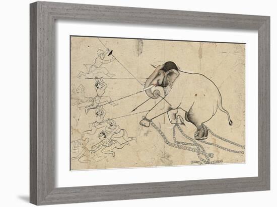 Isarda or Kotah Preparatory Drawing of the Taming of an Elephant, C.1720-null-Framed Giclee Print
