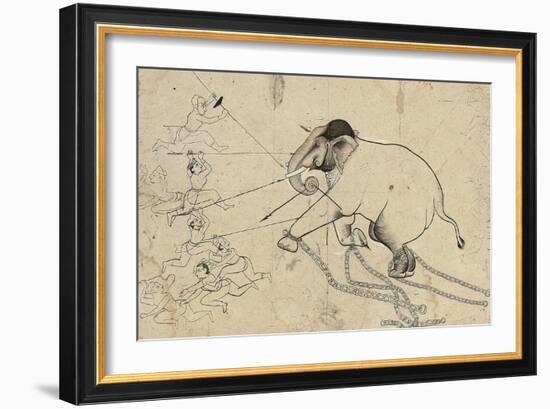 Isarda or Kotah Preparatory Drawing of the Taming of an Elephant, C.1720-null-Framed Giclee Print