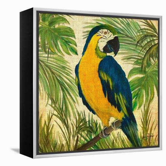 Island Birds Square on Burlap II-Julie DeRice-Framed Stretched Canvas