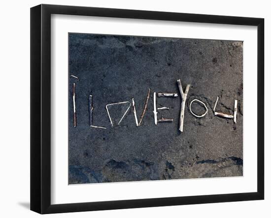 Island of Hawaii, Hawaii: a Message in the Sand in Waipio Valley's Black Sand Beach.-Ian Shive-Framed Photographic Print