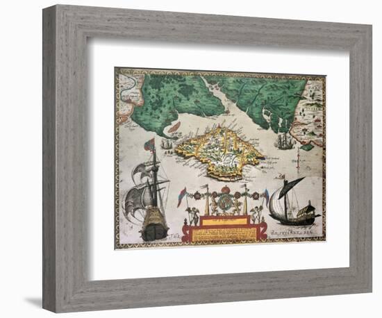 Isle Of Wight Old Map Ans Southern England. By Baptista Boazio, Published In England, 1591-marzolino-Framed Art Print