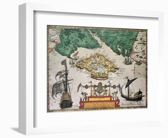 Isle Of Wight Old Map Ans Southern England. By Baptista Boazio, Published In England, 1591-marzolino-Framed Art Print