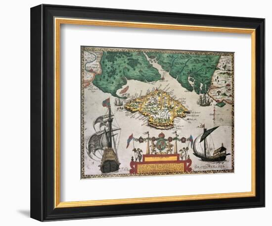 Isle Of Wight Old Map Ans Southern England. By Baptista Boazio, Published In England, 1591-marzolino-Framed Art Print