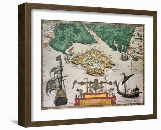 Isle Of Wight Old Map Ans Southern England. By Baptista Boazio, Published In England, 1591-marzolino-Framed Art Print