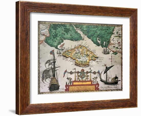 Isle Of Wight Old Map Ans Southern England. By Baptista Boazio, Published In England, 1591-marzolino-Framed Art Print