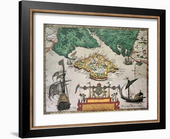 Isle Of Wight Old Map Ans Southern England. By Baptista Boazio, Published In England, 1591-marzolino-Framed Art Print