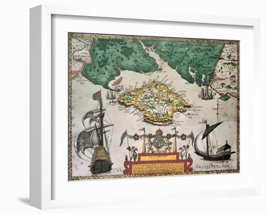 Isle Of Wight Old Map Ans Southern England. By Baptista Boazio, Published In England, 1591-marzolino-Framed Art Print