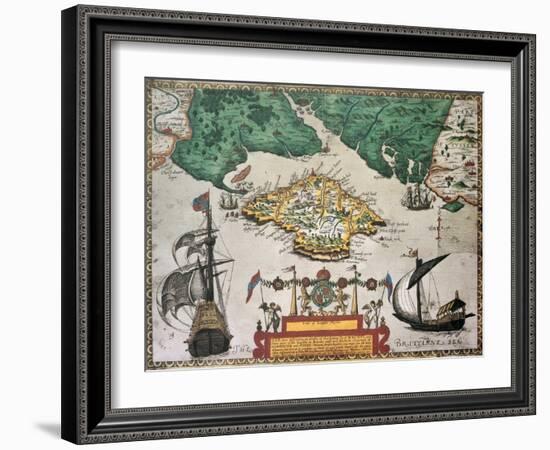 Isle Of Wight Old Map Ans Southern England. By Baptista Boazio, Published In England, 1591-marzolino-Framed Art Print