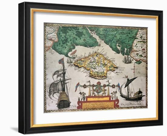 Isle Of Wight Old Map Ans Southern England. By Baptista Boazio, Published In England, 1591-marzolino-Framed Art Print