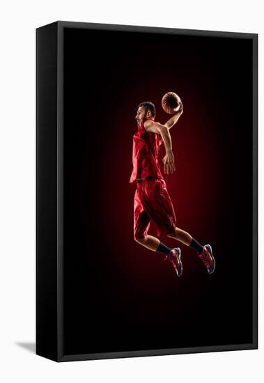 Isolated on Black Basketball Player in Action is Flying High-Eugene Onischenko-Framed Premier Image Canvas