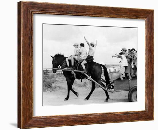 Israeli Children of Habad Sect, Frolic with Horse and Cart at Farm Village-Paul Schutzer-Framed Photographic Print