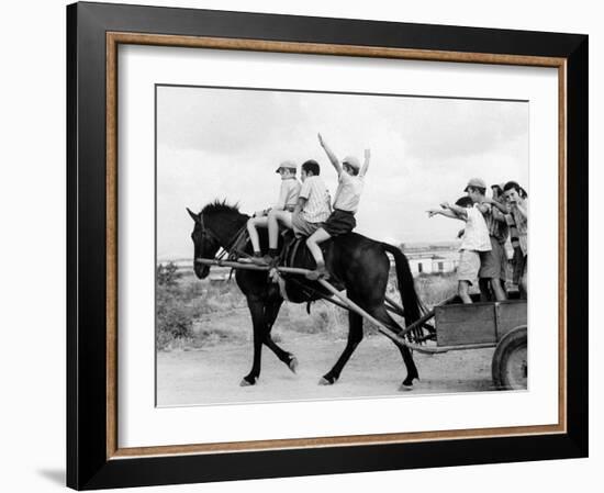 Israeli Children of Habad Sect, Frolic with Horse and Cart at Farm Village-Paul Schutzer-Framed Photographic Print