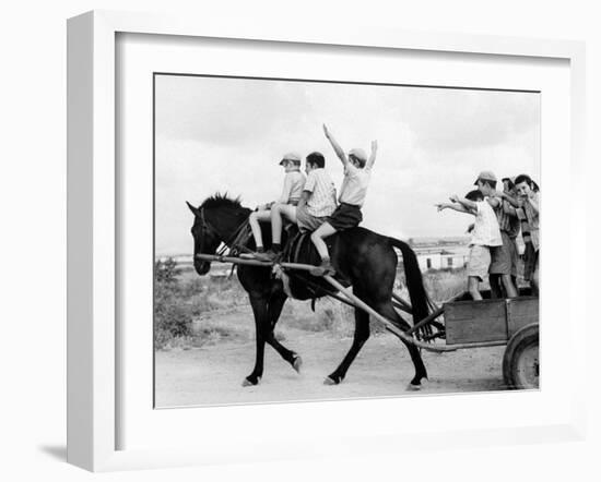 Israeli Children of Habad Sect, Frolic with Horse and Cart at Farm Village-Paul Schutzer-Framed Photographic Print