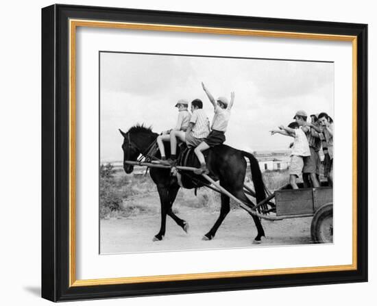 Israeli Children of Habad Sect, Frolic with Horse and Cart at Farm Village-Paul Schutzer-Framed Photographic Print