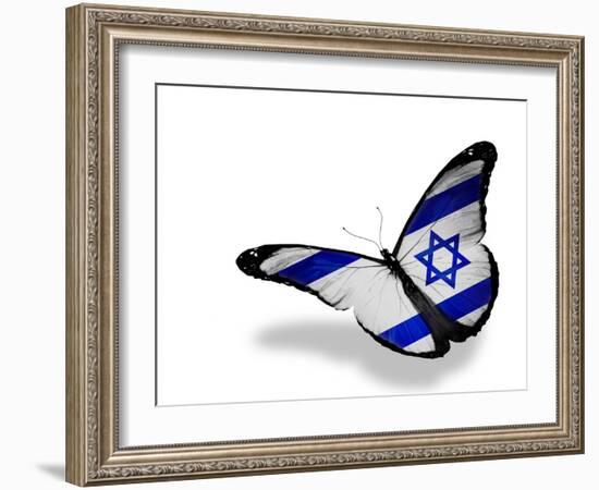 Israeli Flag Butterfly Flying, Isolated On White Background-suns_luck-Framed Art Print