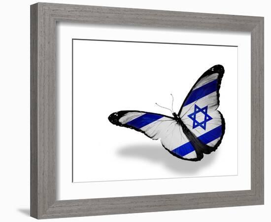 Israeli Flag Butterfly Flying, Isolated On White Background-suns_luck-Framed Art Print