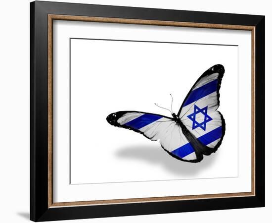 Israeli Flag Butterfly Flying, Isolated On White Background-suns_luck-Framed Art Print