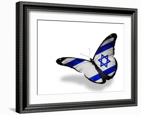 Israeli Flag Butterfly Flying, Isolated On White Background-suns_luck-Framed Art Print