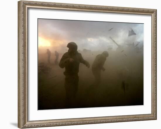 Israeli Gunners as They Stand in the Shock Wave as an Artillery Piece Fires into Southern Lebanon-null-Framed Photographic Print