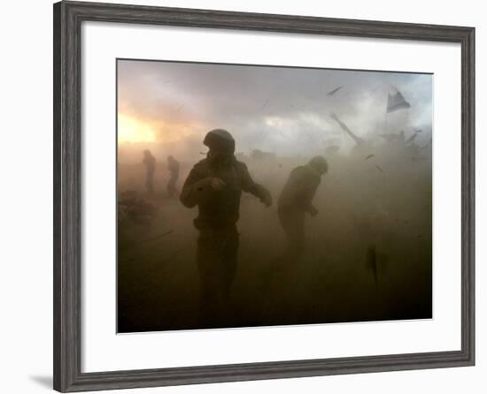 Israeli Gunners as They Stand in the Shock Wave as an Artillery Piece Fires into Southern Lebanon-null-Framed Photographic Print