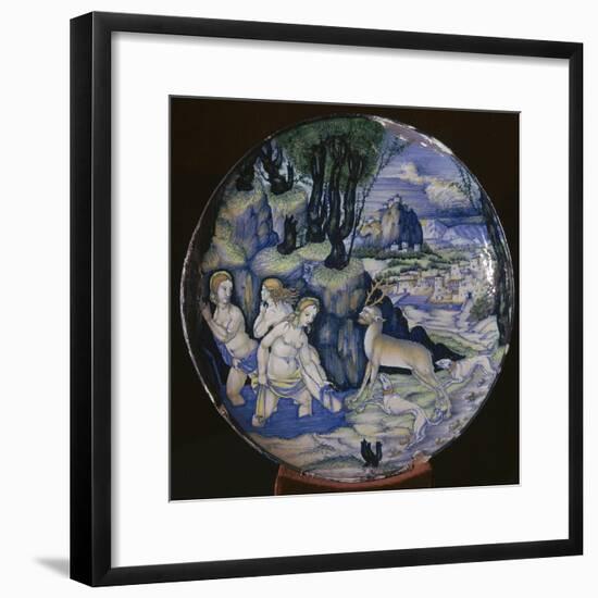 Italian earthenware plate showing Artemis turning Actaeon into a stag-Unknown-Framed Giclee Print