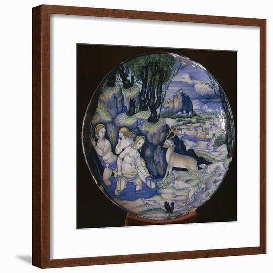 Italian earthenware plate showing Artemis turning Actaeon into a stag-Unknown-Framed Giclee Print