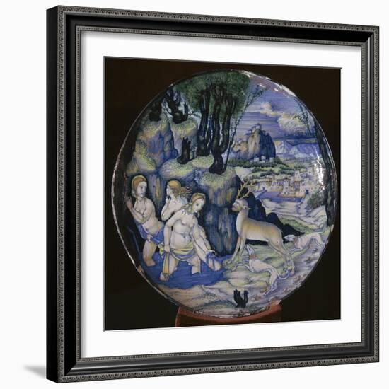 Italian earthenware plate showing Artemis turning Actaeon into a stag-Unknown-Framed Giclee Print