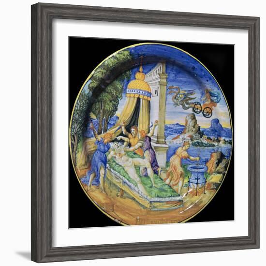 Italian earthenware plate showing Pelias being killed by his daughters, 16th century-Francesco Durantino-Framed Giclee Print