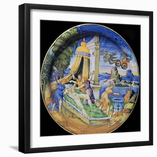 Italian earthenware plate showing Pelias being killed by his daughters, 16th century-Francesco Durantino-Framed Giclee Print