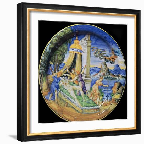 Italian earthenware plate showing Pelias being killed by his daughters, 16th century-Francesco Durantino-Framed Giclee Print