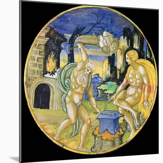 Italian earthenware plate showing Vulcan forging arrows for Cupid, c.16th century-Unknown-Mounted Giclee Print