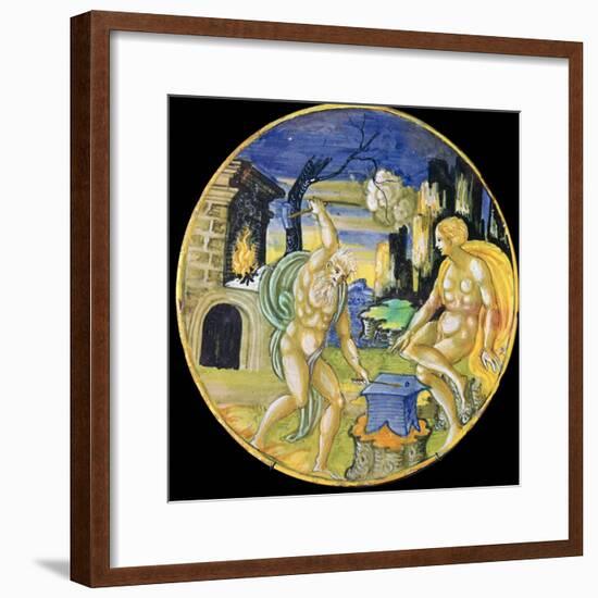 Italian earthenware plate showing Vulcan forging arrows for Cupid, c.16th century-Unknown-Framed Giclee Print