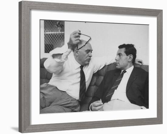 Italian Film Maker, Carlo Ponti, with Czech Director, Milos Forman, While Visiting New York City-null-Framed Premium Photographic Print