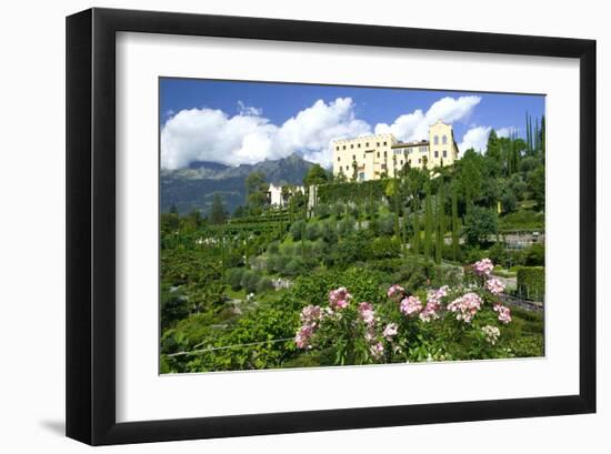 Italian Garden towards water and terraced garden, Trauttmansdorff Castle Gardens, Merano, Italy-null-Framed Art Print