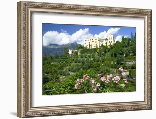 Italian Garden towards water and terraced garden, Trauttmansdorff Castle Gardens, Merano, Italy-null-Framed Art Print