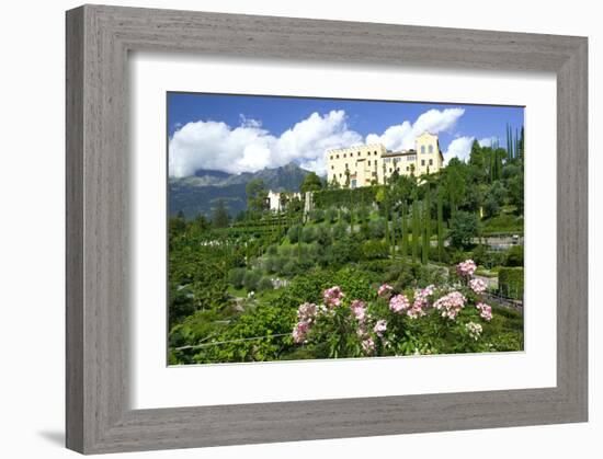 Italian Garden towards water and terraced garden, Trauttmansdorff Castle Gardens, Merano, Italy-null-Framed Art Print