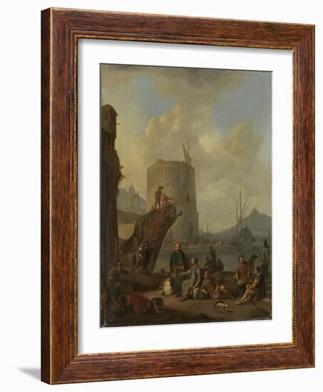 Italian Harbor with Fortress Tower on the Mediterranean-Johannes Lingelbach-Framed Art Print