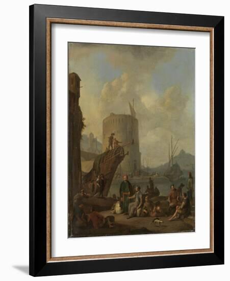 Italian Harbor with Fortress Tower on the Mediterranean-Johannes Lingelbach-Framed Art Print