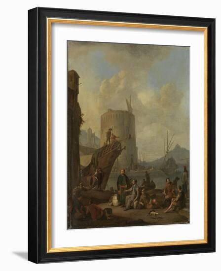 Italian Harbor with Fortress Tower on the Mediterranean-Johannes Lingelbach-Framed Art Print