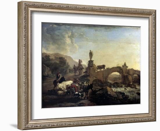 Italian Landscape with a Small Bridge, 1656-Nicolaes Berchem-Framed Giclee Print