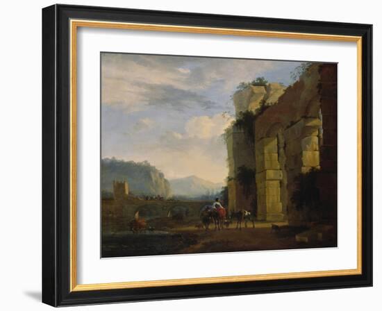 Italian Landscape with Ruins of an Aqueduct, 1675-Nicolaes Berchem-Framed Giclee Print