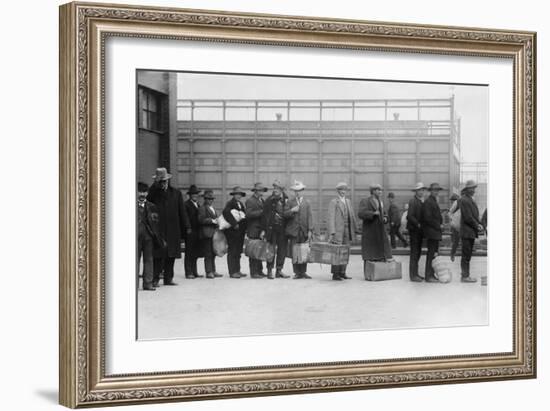 Italian Men Await Admission Processing at Ellis Island, Ca. 1910-null-Framed Photo