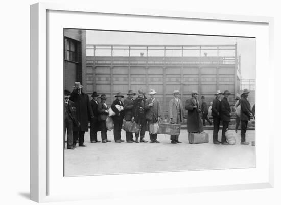 Italian Men Await Admission Processing at Ellis Island, Ca. 1910-null-Framed Photo